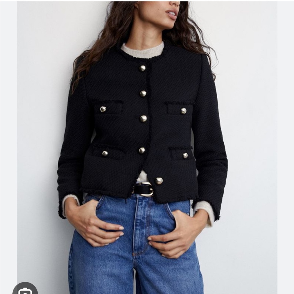 Mango Black Tweed Pocket Blazer with fringe